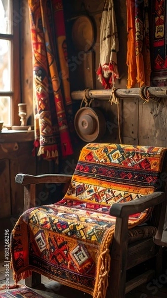 Fototapeta Cozy rustic interior an old armchair covered in a colorful patterned textile near window