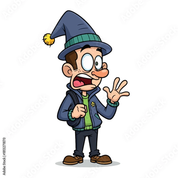 Fototapeta A cartoon illustration of a surprised young man wearing a blue wizard hat and a jacket, with wide eyes and an open mouth, raising a hand.