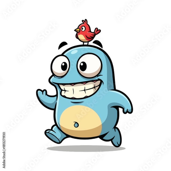 Obraz A cheerful blue cartoon monster with big eyes and a wide grin, walking with a small red bird perched on its head.