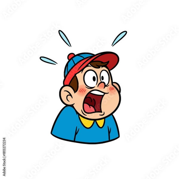 Fototapeta A cartoon boy with a shocked expression and wide open mouth, wearing a blue shirt and a red and blue cap.