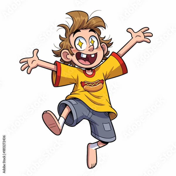 Fototapeta Energetic cartoon boy with starry eyes and a hot dog shirt, jumping excitedly with arms wide open.