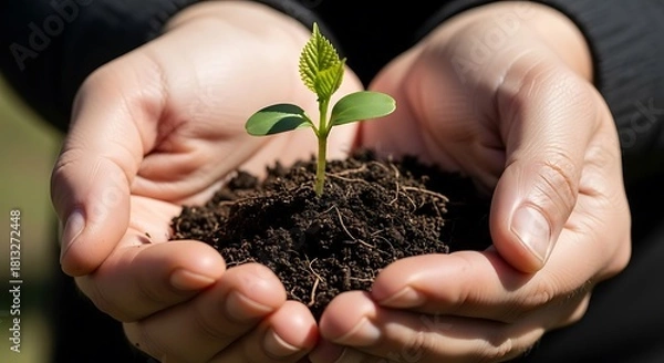 Fototapeta Hands holding a young plant seedling in soil, symbolizing growth and new beginnings.