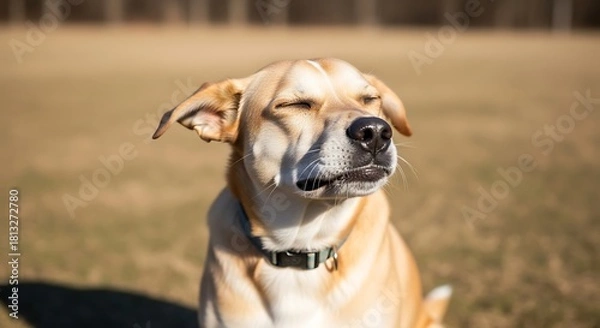 Fototapeta Happy dog enjoying the sun with closed eyes in a field.