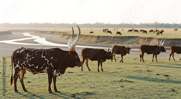 Fototapeta Herd of Ankole Watusi cattle with enormous horns grazing in a vast green pasture by a river.