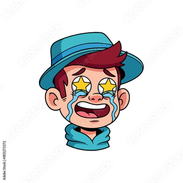 Fototapeta Cartoon illustration of a boy with star eyes crying tears of overwhelming joy while wearing a blue hat and hoodie.