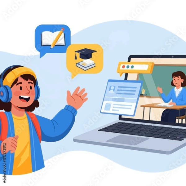 Fototapeta Young student with headphones engaged in online learning, interacting with a virtual teacher on a laptop screen.