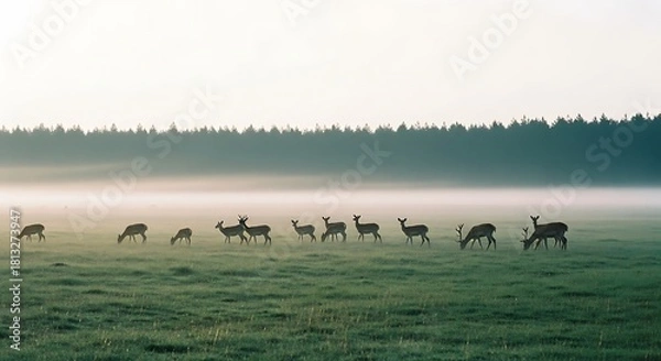 Fototapeta Herd of deer grazing in a misty field at dawn with a forest in the background.