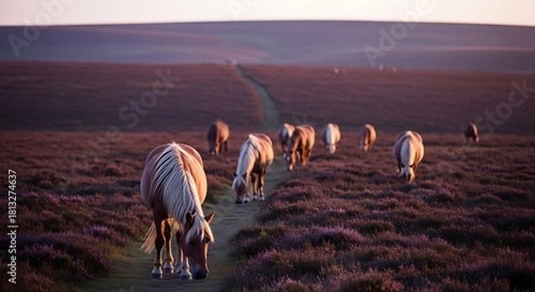 Fototapeta Herd of wild horses grazing on a moorland path at sunset.