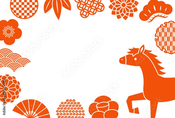 Obraz 赤い和風の飾りと馬のフレーム