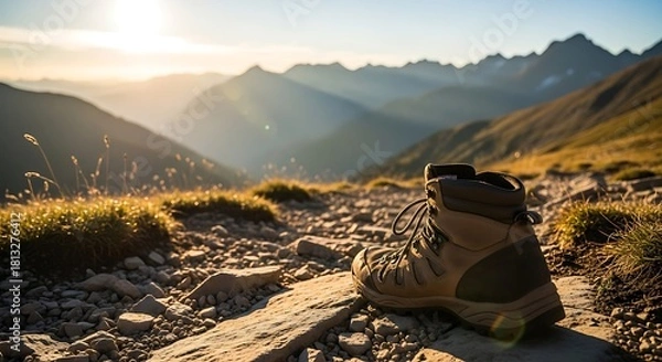 Fototapeta Hiking boot on mountain trail at sunrise with scenic mountain view.