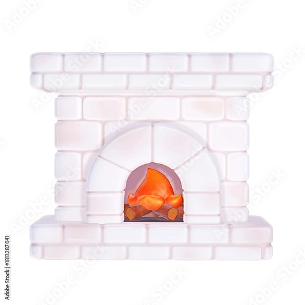 Obraz A 3D stylized white brick fireplace with an arched opening and a small fire burning inside.