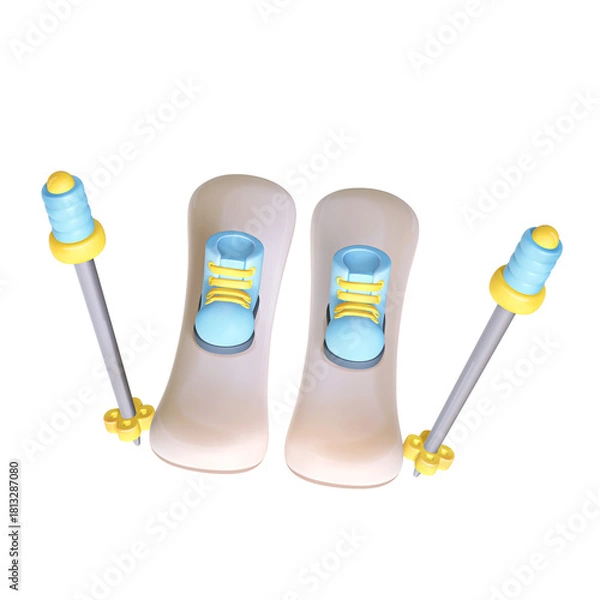 Obraz A 3D stylized ski set with two beige skis, blue boots, and ski poles with yellow and blue handles.