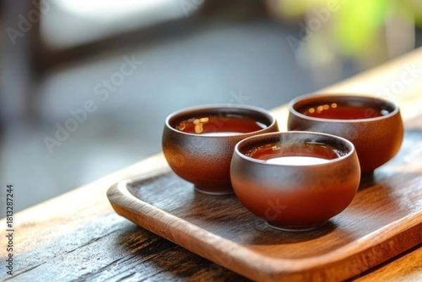 Fototapeta A serene scene of a tranquil lake nestled amidst lush greenery, with a solitary figure standing on the shore, gazing into the water.