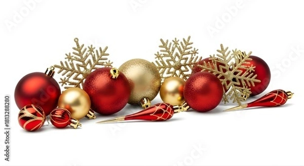 Obraz Vibrant Red and Gold Christmas Ornaments with Sparkling Snowflakes on White Background for Holiday Celebrations