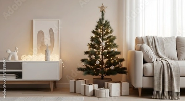 Obraz Festive and cozy holiday living space adorned with a sparkling Christmas tree and presents