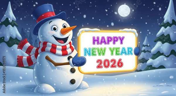 Obraz A cheerful snowman in a blue hat and red scarf holds a happy new year 2026 sign in a magical snowy night scene with pine trees and a bright full moon