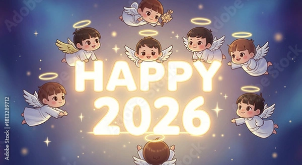 Obraz Charming cartoon angels with halos and wings celebrate a happy new year 2026, surrounded by glowing text and sparkling stars on a mystical dark background, perfect for wishes