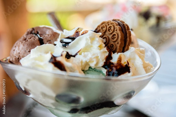 Fototapeta Mint And Chocolate Ice Cream Sundae With Sauce And Cookie In Glass Bowl