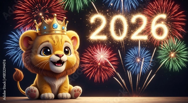 Obraz Cute lion character with a crown joyfully welcomes 2026, surrounded by spectacular red, blue, and green fireworks illuminating the dark background