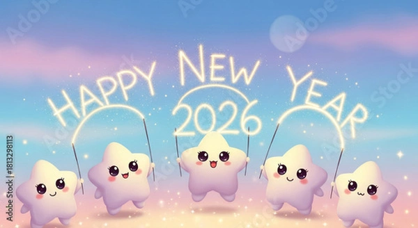 Obraz Five adorable cartoon star characters celebrate the upcoming new year 2026 with glowing neon signs against a beautiful pastel sky, symbolizing hope and joy for the future