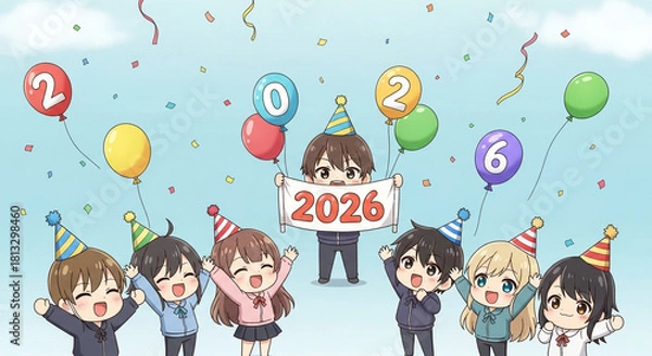 Obraz Cheerful anime children celebrating the new year 2026 with colorful balloons, festive confetti, and party hats, expressing joy and excitement for the upcoming year