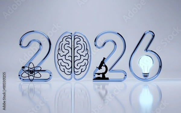 Fototapeta Year 2026 science and research with atom brain microscope and lightbulb