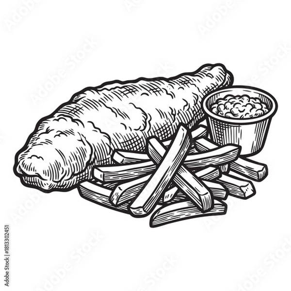 Fototapeta Fried Fish and Chips Tartar Sauce Engraving Vector Illustration