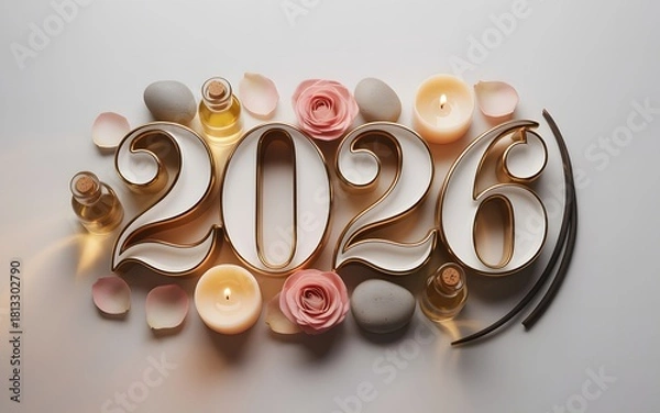 Fototapeta Numbers 2026 with essential oil candles stones roses and petals