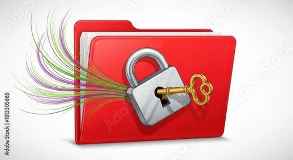 Obraz Red folder secured with a padlock and golden key for data protection