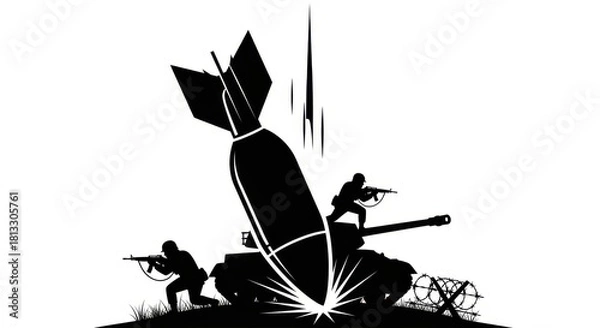 Obraz Silhouette of soldiers and tank under falling bomb impact isolated on white background