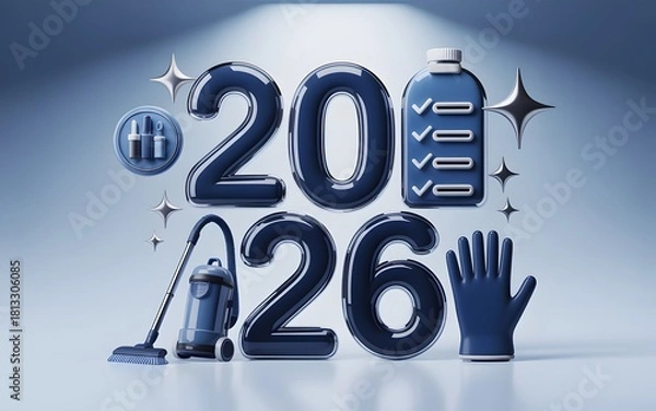 Fototapeta Year 2026 housekeeping concept with cleaning tool and supplies on backdrop