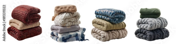 Fototapeta Stack of knitted blankets isolated on transparent background