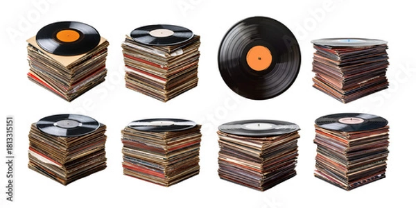 Fototapeta Vintage Vinyl Records Stack Collection, set collection, mega bundle, isolated on transparent background