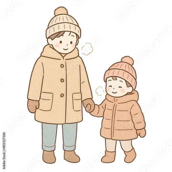 Obraz 冬の外をアジア人親子が仲良く手をつないで歩くイラスト