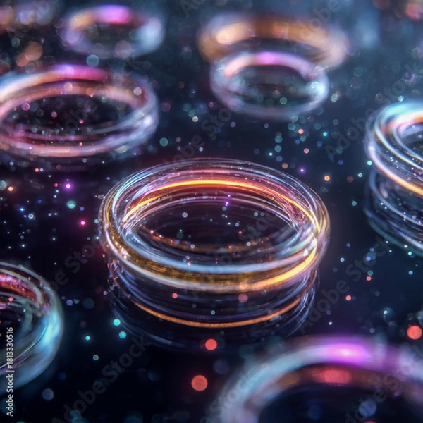 Fototapeta Detailed abstract quantum rings with bokeh particles