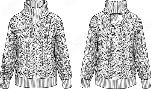 Obraz Cad drawing flat vector illustration of cable knit high neck sweater technical fashion template with detailed textured stitches and classic winter garment design