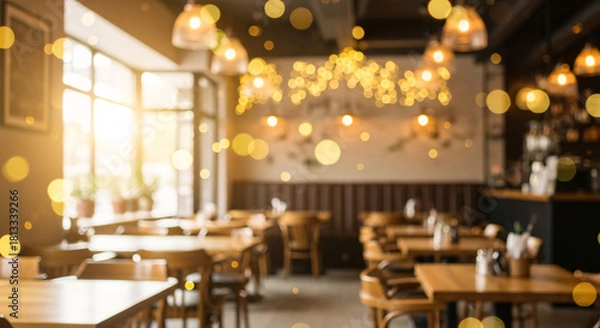 Obraz Warmly lit restaurant interior with wooden tables and bokeh lights dining chairs