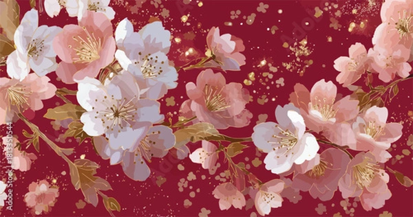 Obraz 붉은 배경에 금색 반짝임과 섬세한 벚꽃 가지 일러스트