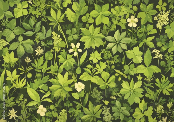 Obraz 다양한 녹색 잎사귀와 흰색 작은 꽃들이 어우러진 아름다운 식물 패턴 일러스트