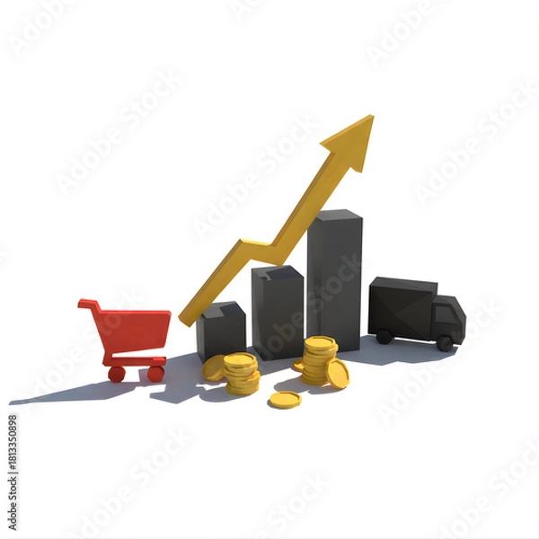 Fototapeta 3D bar chart showing e-commerce growth with dark bars, a red shopping cart, gold coins, and a black delivery truck, symbolizing retail success.