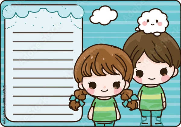 Obraz 귀여운 만화 스타일의 아이들 그림과 메모 공간, 하늘 배경의 동화적인 일러스트