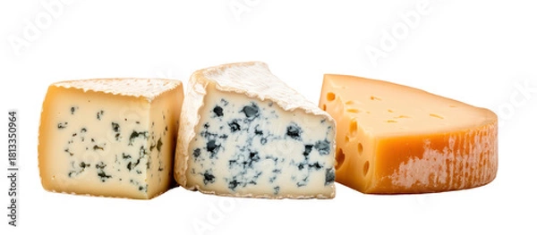 Fototapeta Three wedges of artisanal cheese isolated on transparent background