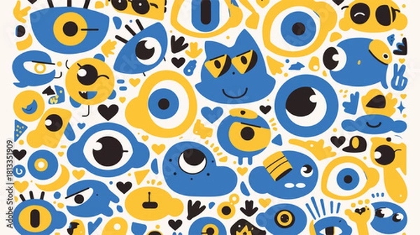 Obraz 귀엽고 추상적인 파란색과 노란색 몬스터와 눈의 벡터 패턴, 흰색 배경