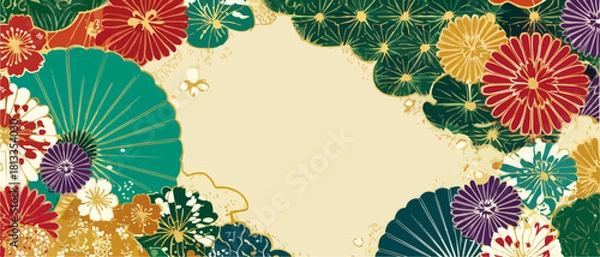 Obraz 화려하고 다채로운 일본 전통 문양과 부채가 어우러진 배경 디자인