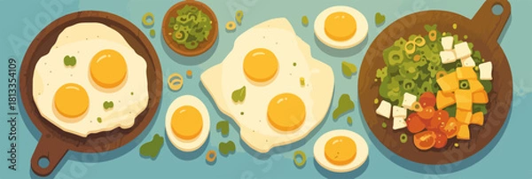 Obraz 다채로운 아침 식사, 계란 프라이와 신선한 채소 샐러드, 건강한 식단