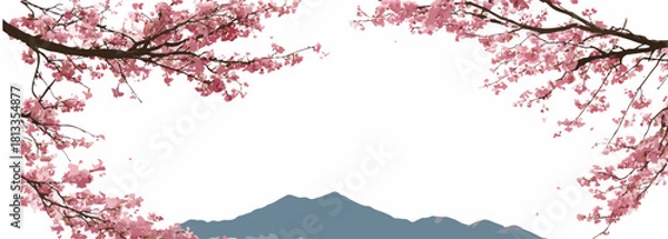 Obraz 봄날의 벚꽃 가지와 산봉우리가 어우러진 아름다운 풍경, 벡터 일러스트
