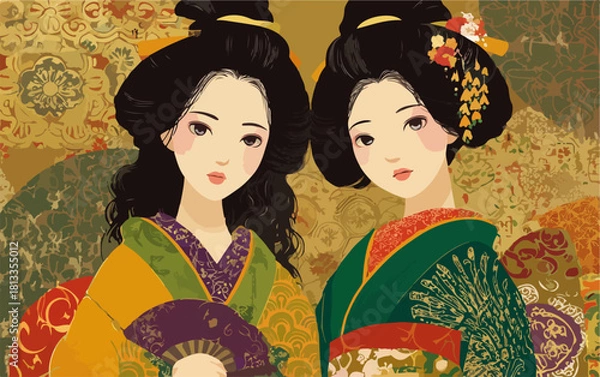 Obraz 아름다운 전통 기모노를 입은 두 명의 일본 여성 초상화, 섬세한 패턴의 배경
