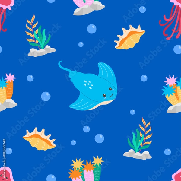 Obraz Flat cute sea animals seamless pattern illustration