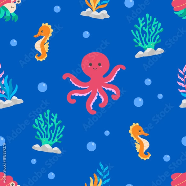 Obraz Flat cute sea animals seamless pattern illustration