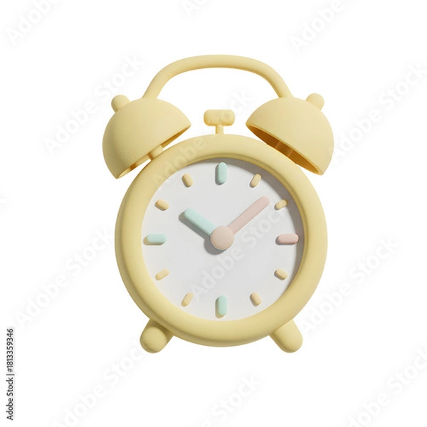 Fototapeta A cute, minimalist 3D alarm clock icon in a pastel yellow color with soft pink and mint hands, symbolizing time, schedule, and soft planning.